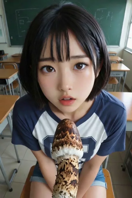 女の子が教室で松茸を味わうだけ