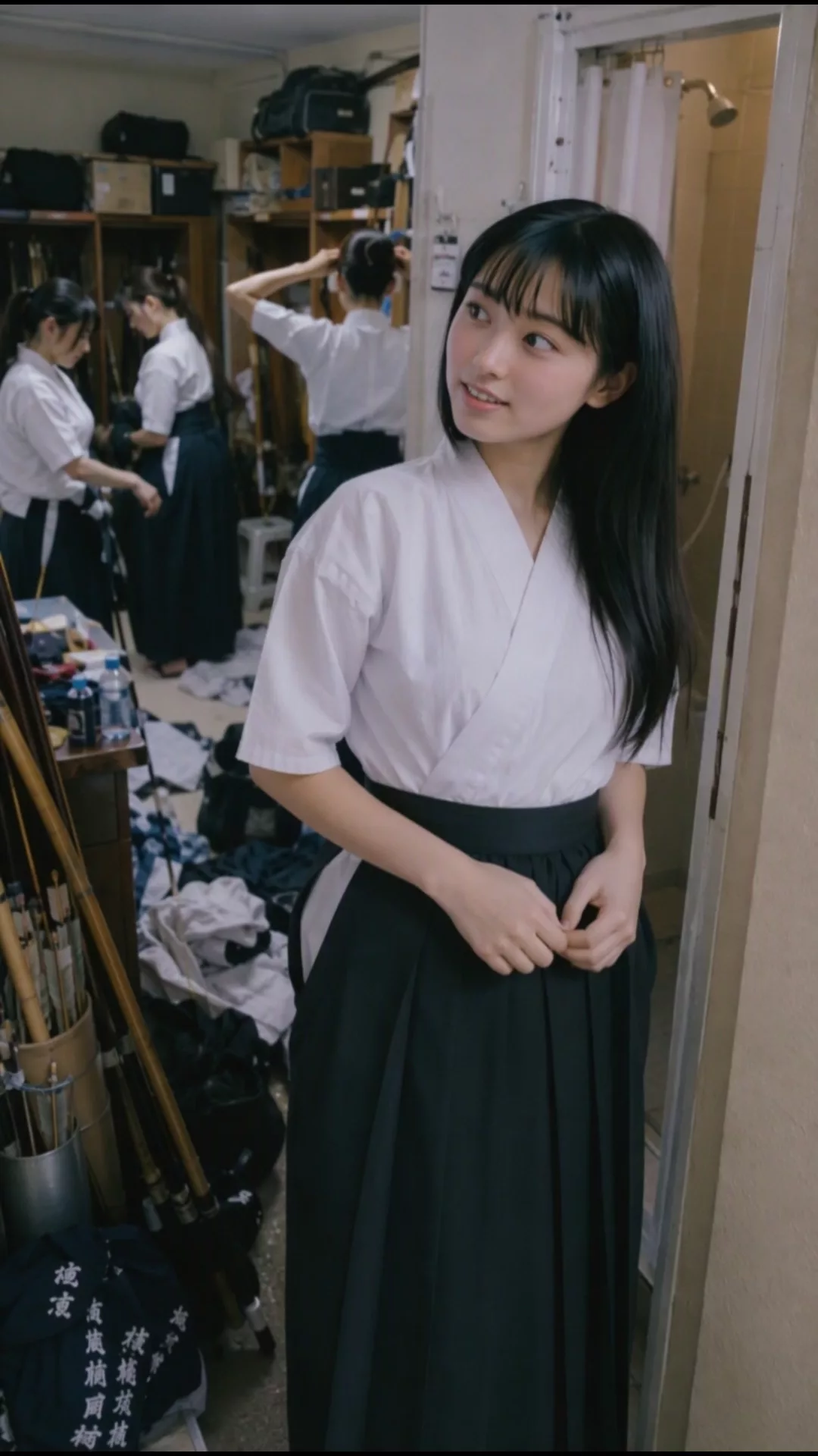 女子大弓道部の練習終わりの部室 のサムネイル